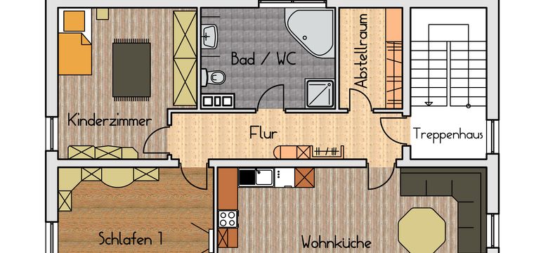 Grundriss des Landhaus "Appartement" mit zwei Schlafzimmern, großer Küche, Wohnraum und einem Badezimmer.
